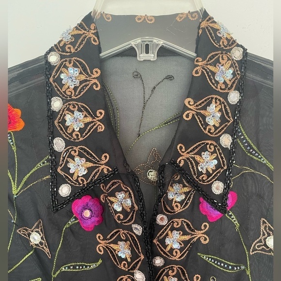 Black Sheer Open Front Long Jacket Blazer Embroidered Beading Stunning Floral M - Picture 5 of 10